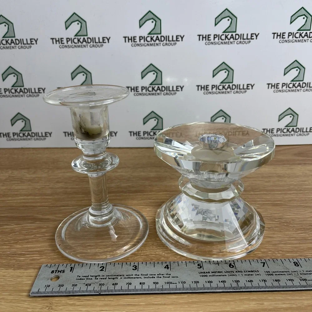 Mismatched Clear Glass Crystal Taper Candlestick Holders Set of 2 Faceted Smooth